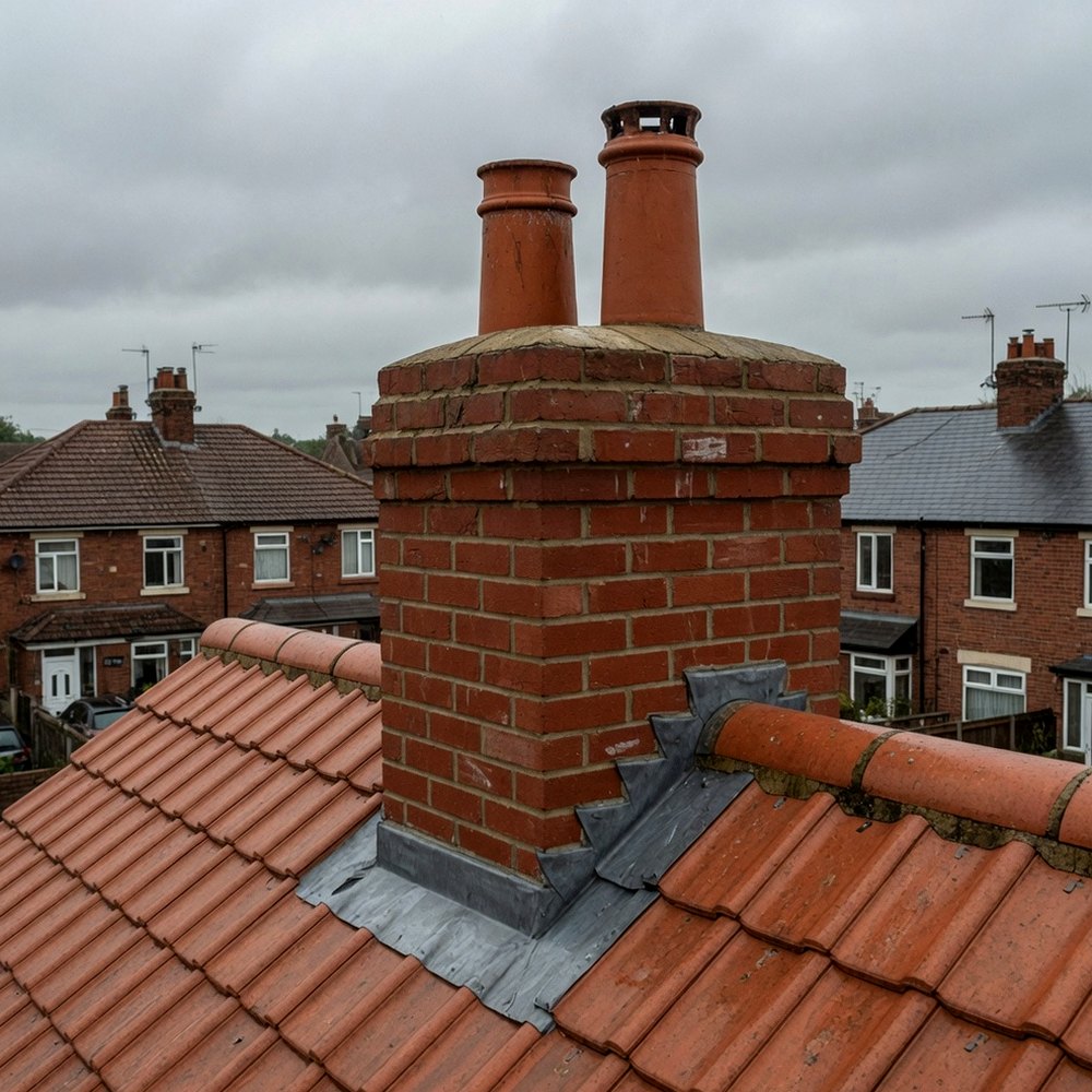 Finished brick chimney with clay pots and stepped lead flashing on a clay-tiled roof